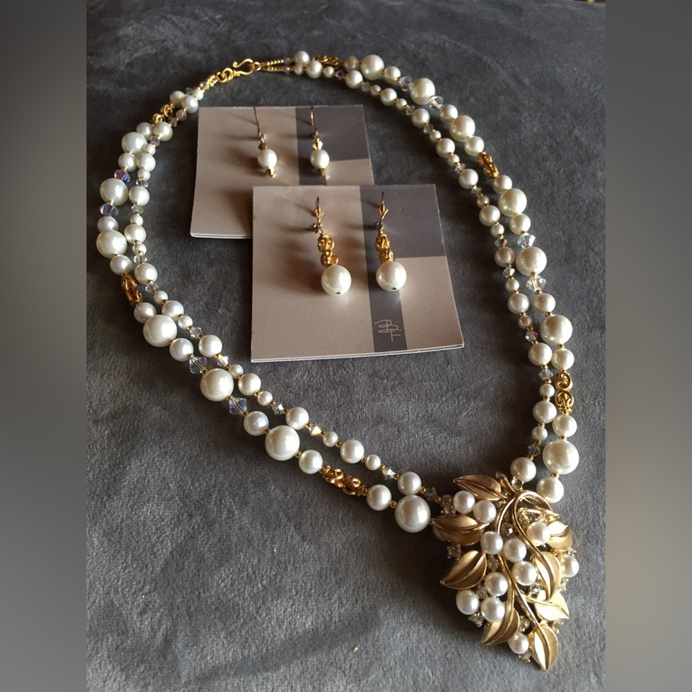 Handmade Necklace with Vintage Brooch, matching earrings